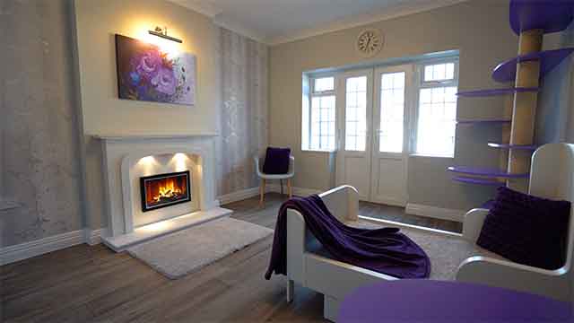 Lilac/ mauve/ purple colour-themed cat suite showing most of the room, including fireplace, doors and windows, large bed and play wall.