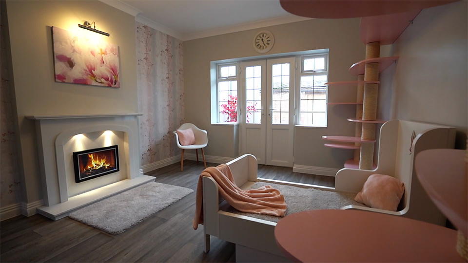 Rose or pink colour-themed cat suite showing most of the room, including fireplace, doors and windows, large bed and play wall.